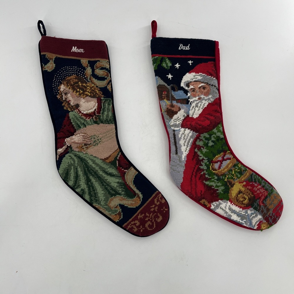 2 Sferra Mom & Dad Needlepoint‎ Christmas Stockings Completed Santa & Angel 21"
